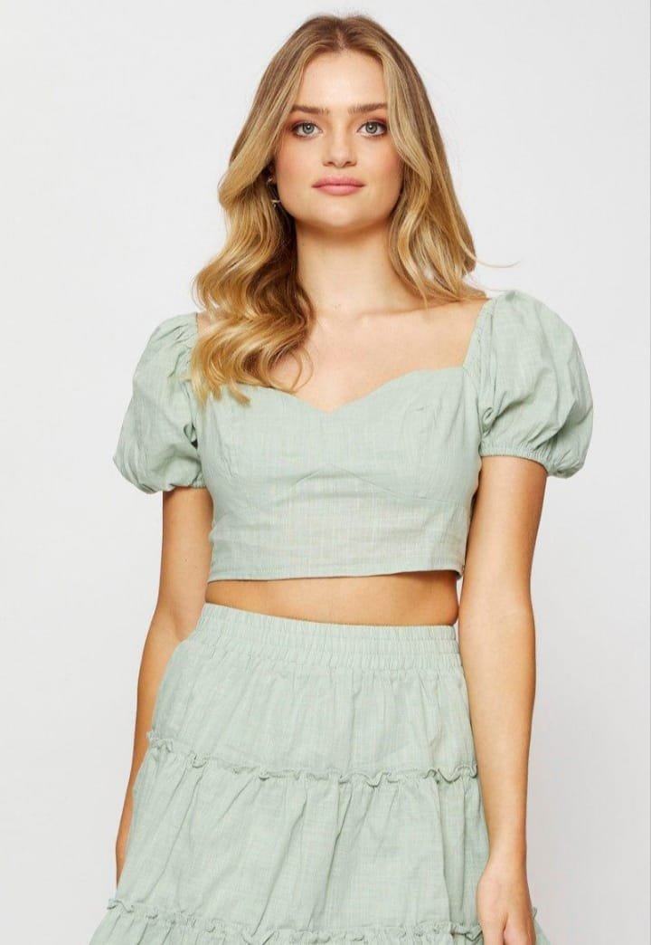 Women's Sage Green Puff Sleeve Crop Top - Image 4