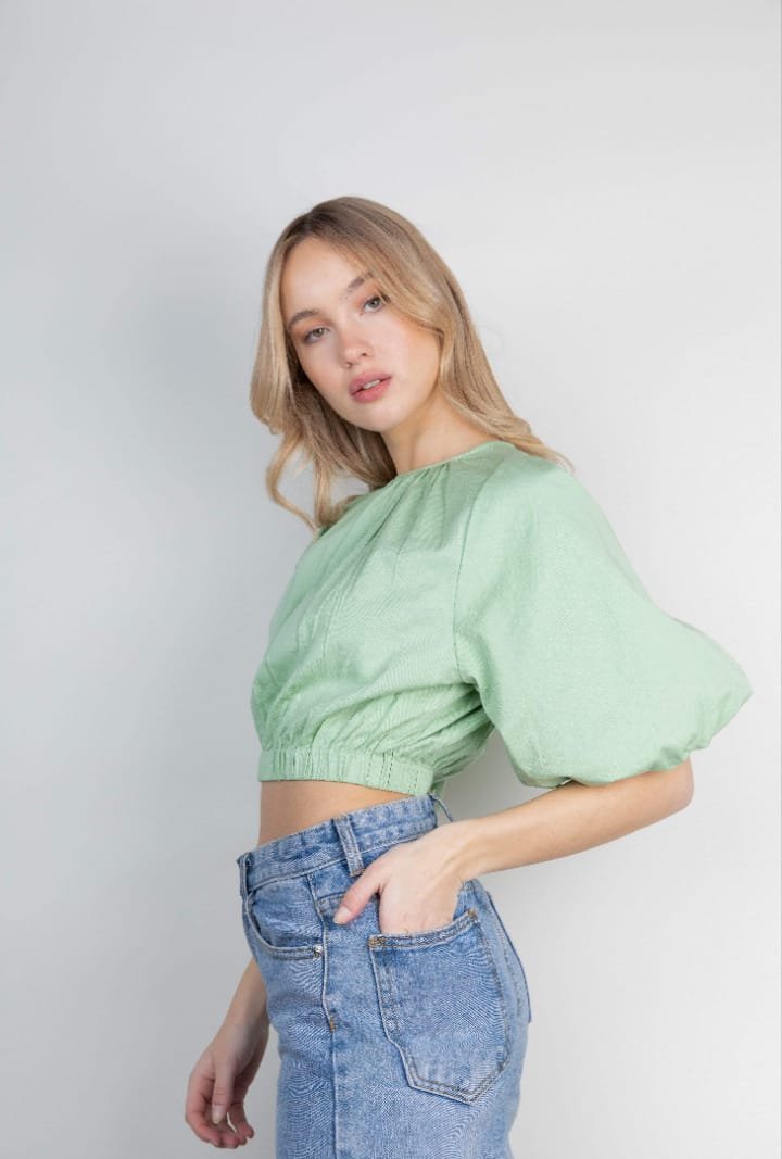 Women's Sage Green Puff Sleeve Crop Top - Image 3