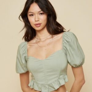 Women's Sage Green Puff Sleeve Crop Top