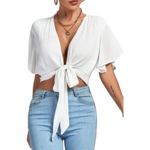 Women's White Tie-Front Crop Top