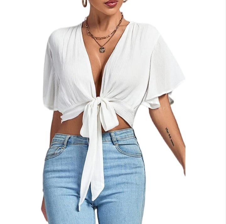 Women's White Tie-Front Crop Top